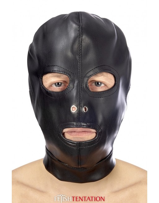 Cagoule BDSM 3 ouvertures en simili cuir - Fetish Tentation Cagoule BDSM 3 ouvertures en simili cuir - Fetish Tentation